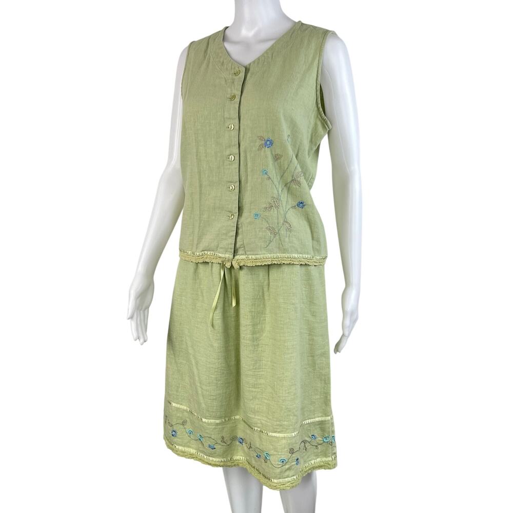 Vintage 90's Kathie Lee Green Floral Embroidered Linen Blend Vest Skirt Set (M)